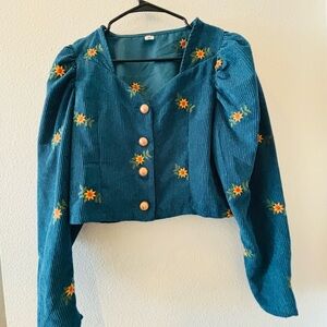 Embroidered Teal Corduroy Women's Top